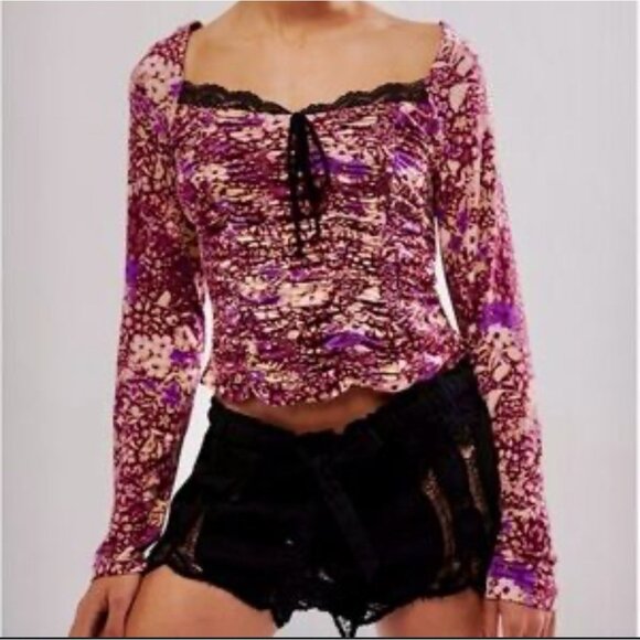 FREE PEOPLE Layer It On Me Ruched Crop Top Red Combo Sz LG - Picture 1 of 5